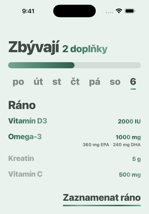 Obrazovka Domů v aplikaci Dávka - ranní doplňky a tlačítko Zaznamenat ráno