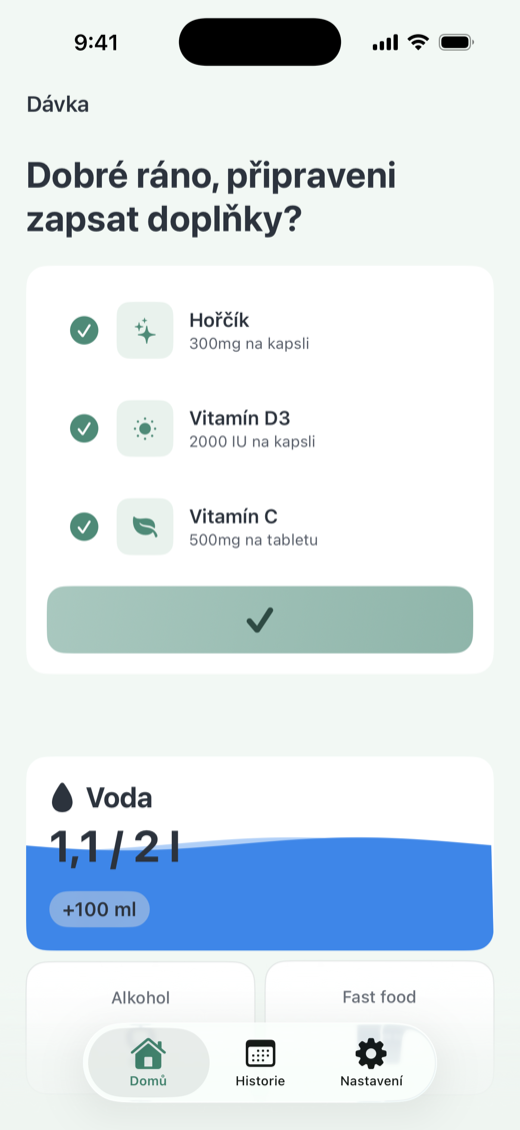 Domovská obrazovka aplikace Dávka