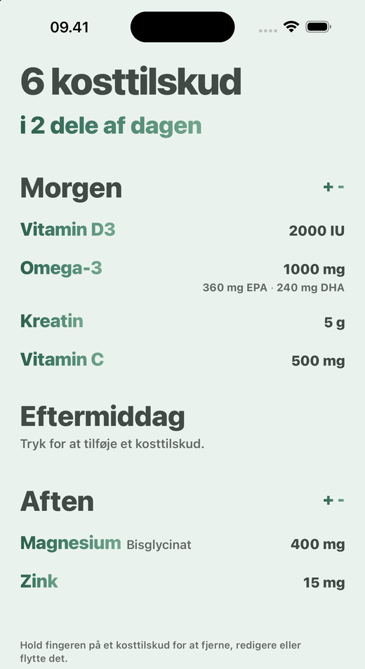 Skærmen Kosttilskud i Davka: kosttilskud fordelt på morgen, eftermiddag og aften