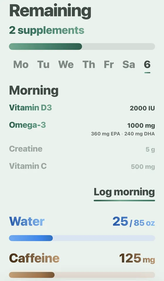 Davka Home screen: supplements, water and caffeine