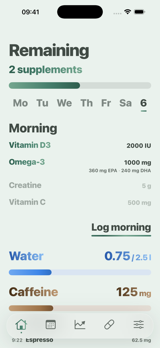 Pantalla de inicio de Davka - suplementos, agua y cafeína de la mañana