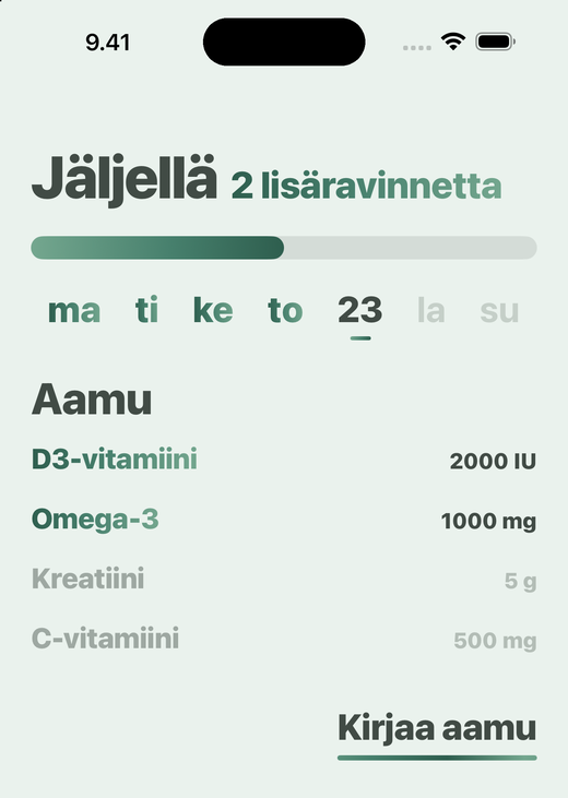 Davkan Koti-näyttö: aamun lisäravinteet ja painike aamun kirjaamiseen