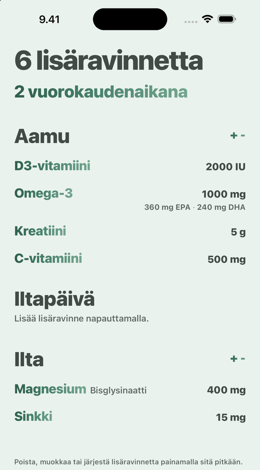 Davkan Lisäravinteet-näyttö: lisäravinteet jaettuina aamuun, iltapäivään ja iltaan