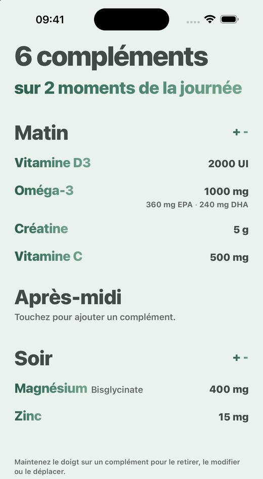 Écran Compléments de Davka : compléments répartis entre matin, après-midi et soir