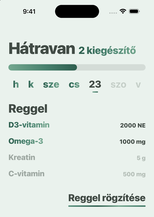 A Davka Kezdőlap képernyője: reggeli kiegészítők és a reggel rögzítésének gombja