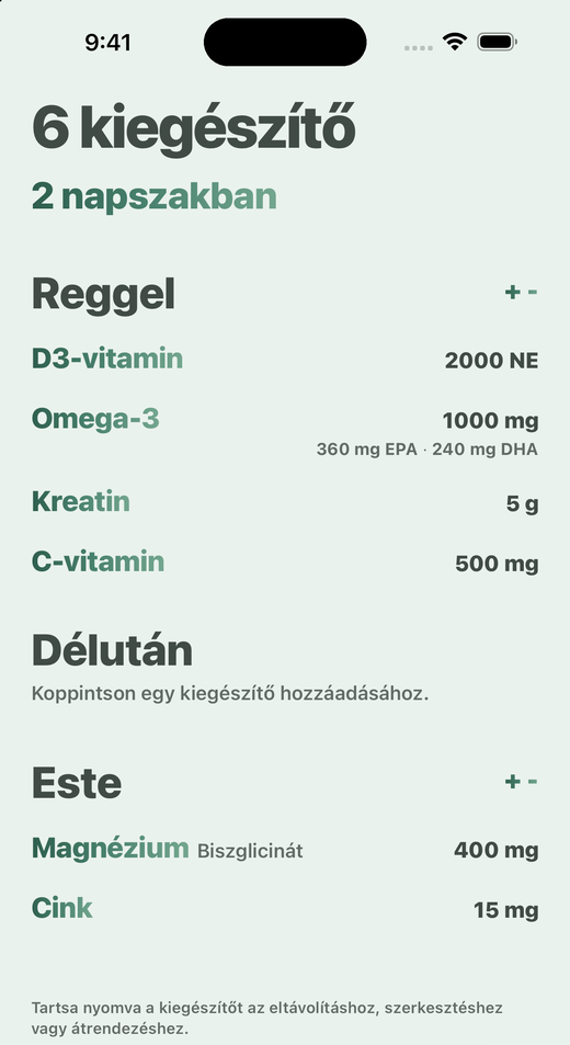 A Davka Kiegészítők képernyője: reggelre, délutánra és estére osztott kiegészítők