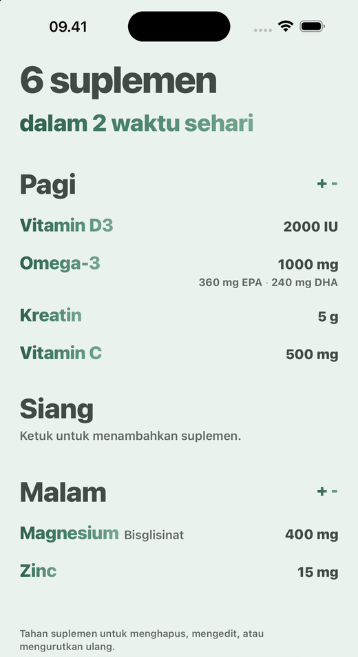 Layar Suplemen di Davka: suplemen dibagi menjadi pagi, siang, dan malam