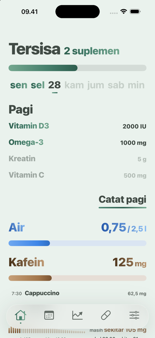 Layar Beranda Davka - suplemen pagi, air, dan kafein