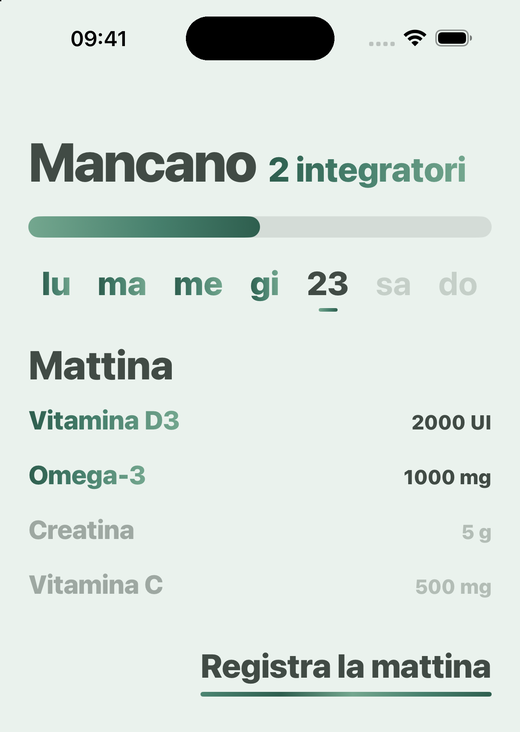 Schermata Home di Davka: integratori del mattino e pulsante per registrare il mattino