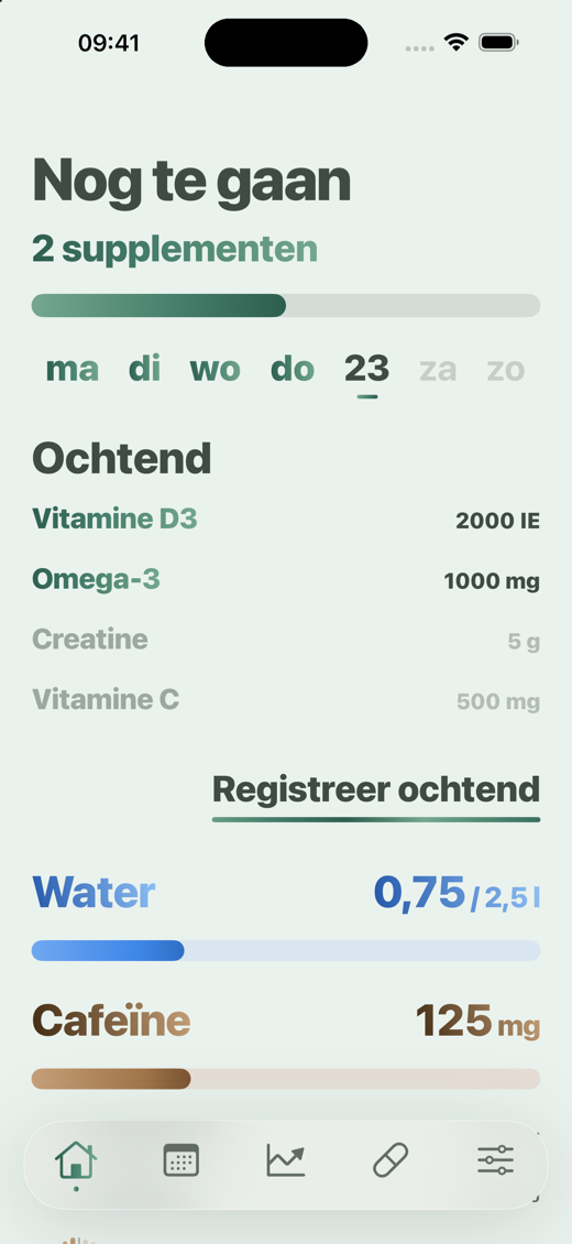 Tab Home in Davka - supplementen voor de ochtend, water en cafeïne