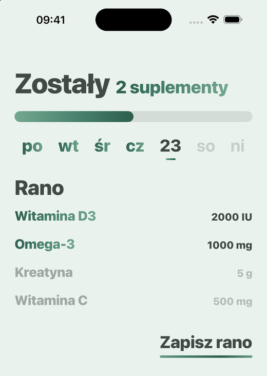 Ekran Start w aplikacji Davka: poranne suplementy i przycisk do zapisania poranka