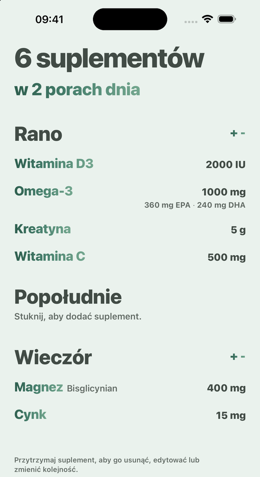 Ekran Suplementy w aplikacji Davka: suplementy podzielone na rano, po południu i wieczór