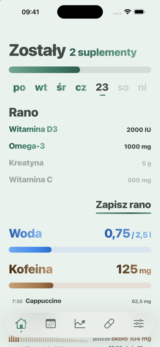 Ekran Start aplikacji Davka - poranne suplementy, woda i kofeina