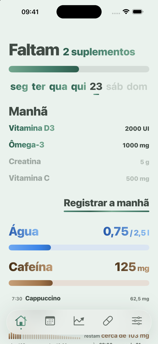 Aba Início do Davka - suplementos da manhã, água e cafeína