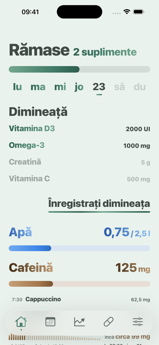 Ecranul Acasă din Davka - suplimentele de dimineață, apă și cafeină