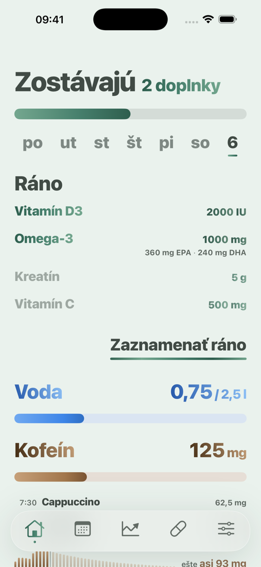 Domovská obrazovka aplikácie Dávka - ranné doplnky, voda a kofeín