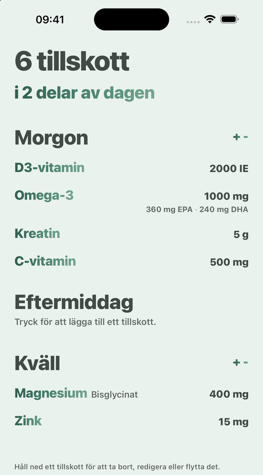 Skärmen Tillskott i Davka: tillskott fördelade på morgon, eftermiddag och kväll