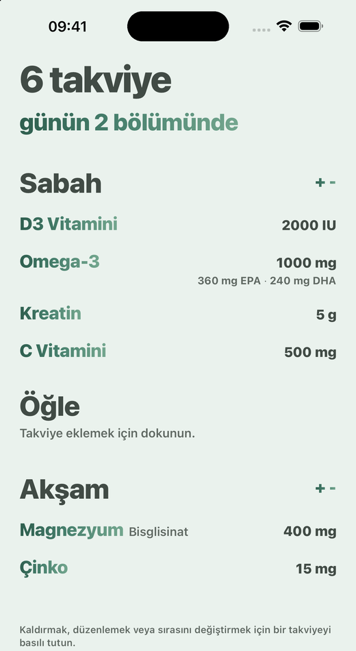 Davka’da Takviyeler ekranı: sabah, öğle ve akşama bölünmüş takviyeler