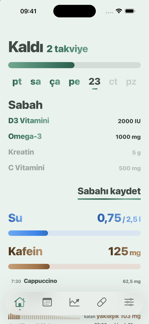 Davka Ana Sayfa sekmesi - sabah takviyeleri, su ve kafein