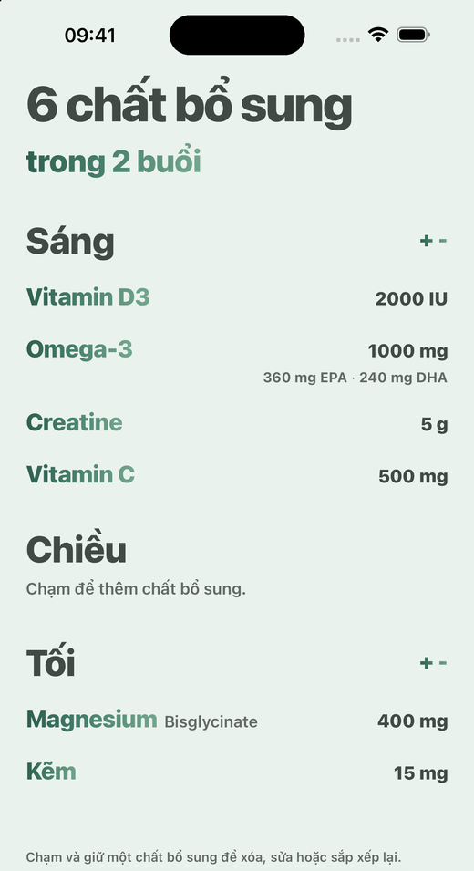 Màn hình Chất bổ sung của Davka: chất bổ sung chia theo sáng, chiều và tối