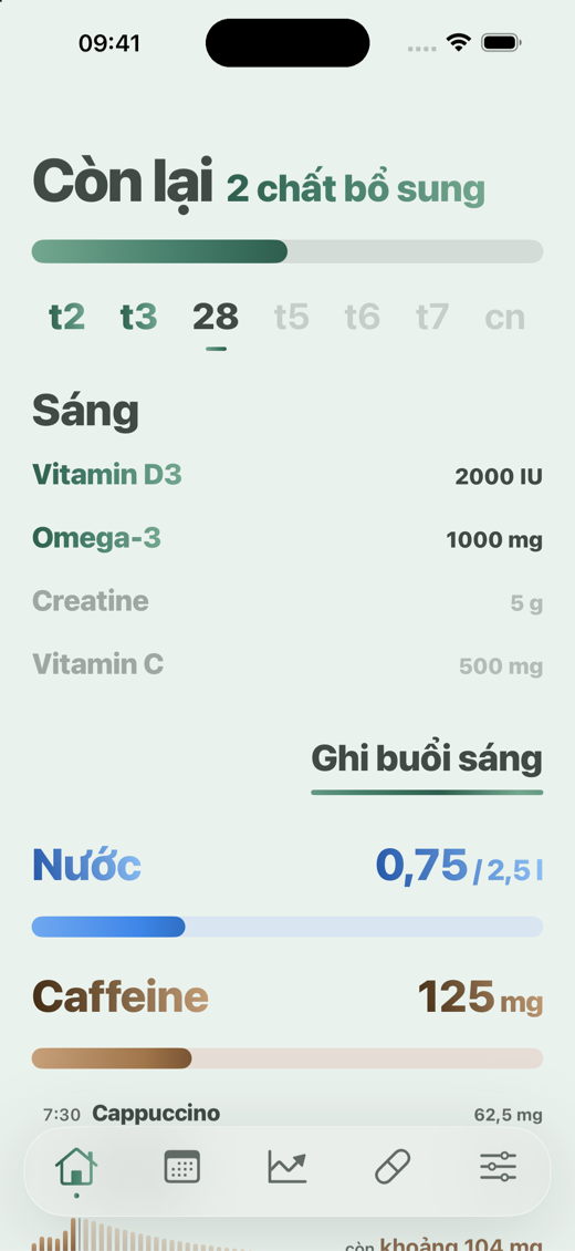 Màn hình Trang chủ của Davka - chất bổ sung buổi sáng, nước và caffeine