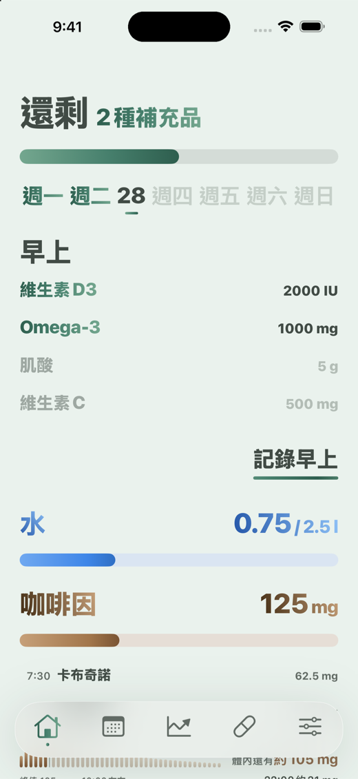 Davka首頁畫面：早上的補充品、水和咖啡因